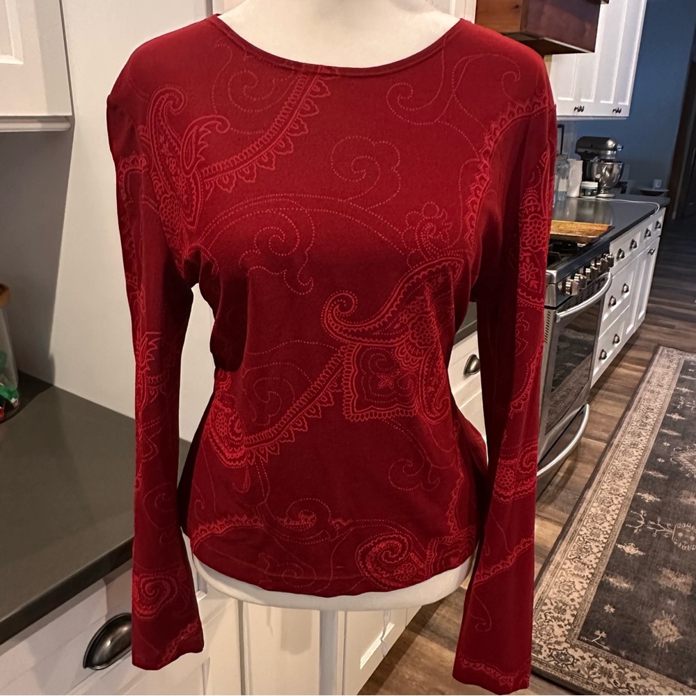Vintage 90s Y2K Ellen Tracy Red Long Sleeve Top Paisley Mesh Bohemian